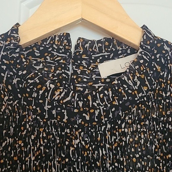 Loft Blouse High Neck Long Sleeve Sheer Black Gray Mustard Cream Print Size M - Picture 4 of 12